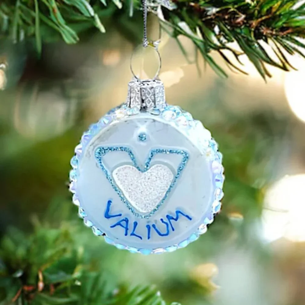 Valium Pill Ornament Blue Glitter Christmas Ornament NWT Novelty Holiday Decor